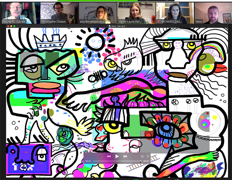 Digital mural creative webinar activity in collaborative room for team building remote event